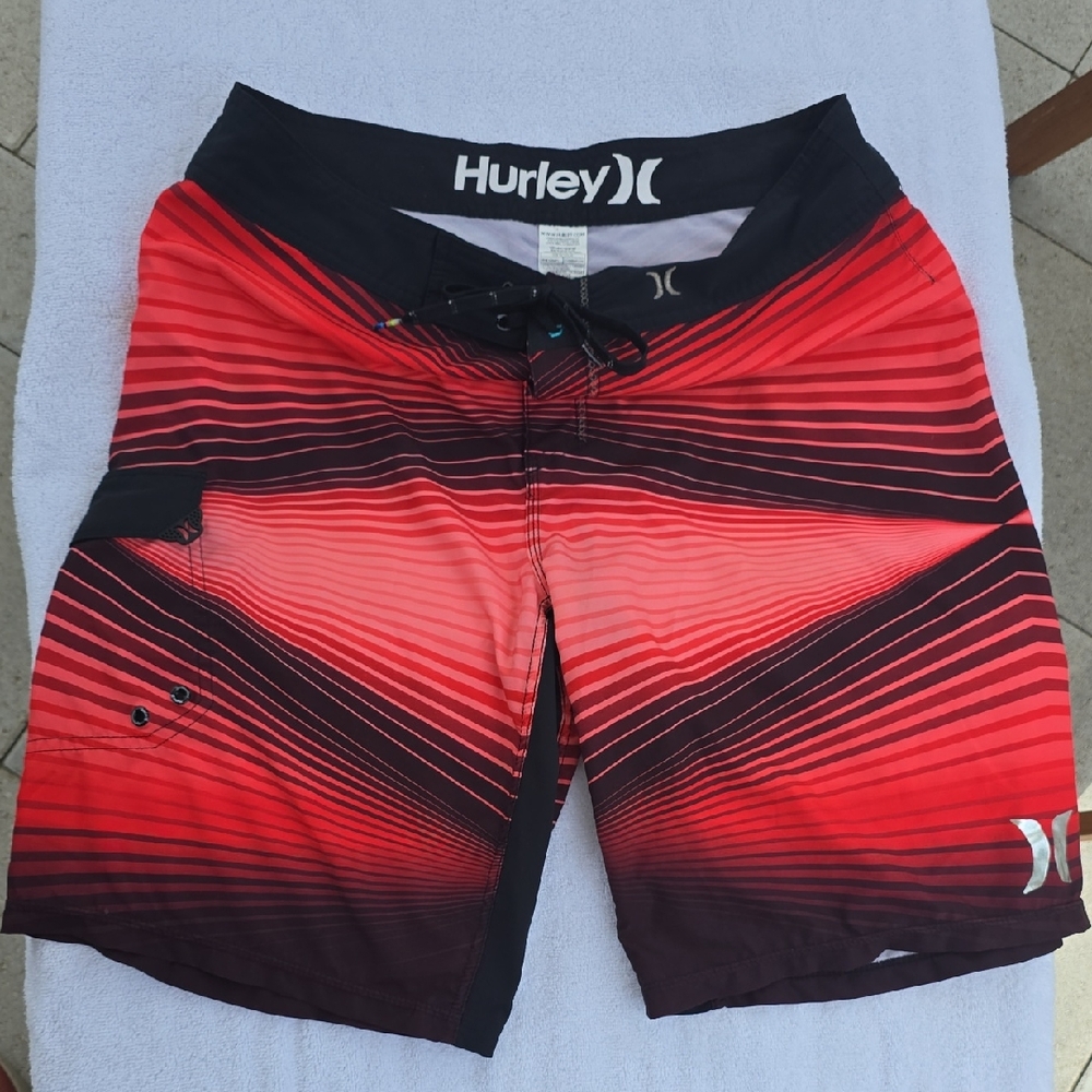 Hurley Phantom; Black and Red Striped Boardshorts
